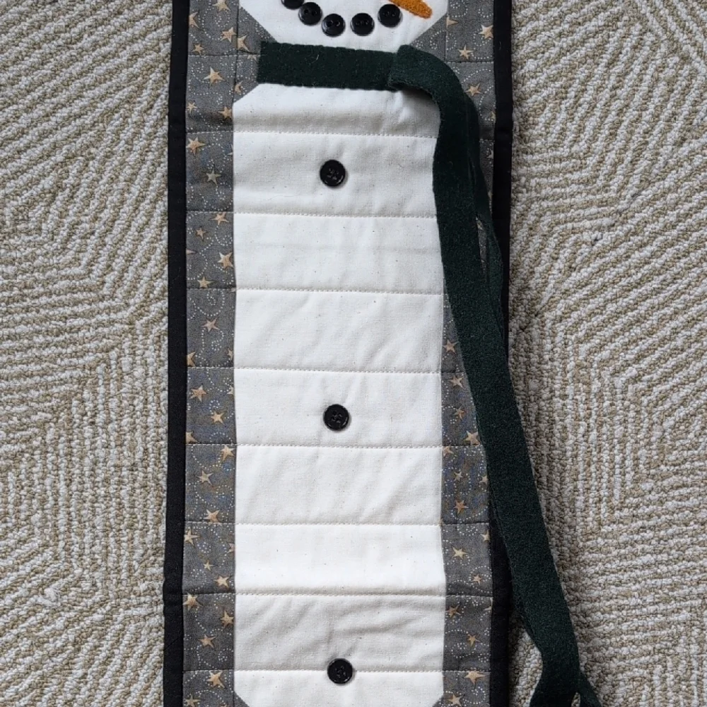 Handmade Quilted Winter Snowman Stars Table Runner Wall Hanging Gray Gold Black